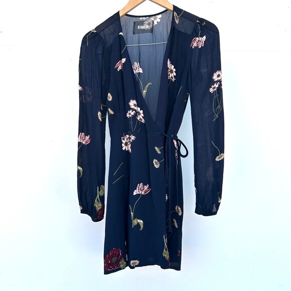 Reformation Long Sleeve Wrap Mini Dress Dark Black Floral Small Fall V-Neck - Picture 2 of 10